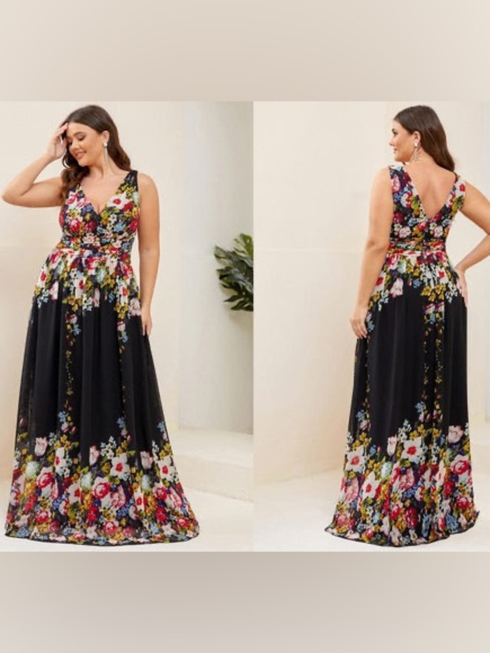 Plus Size Floral Print Sleeveless V-Neck Chiffon Maxi Dress size 22